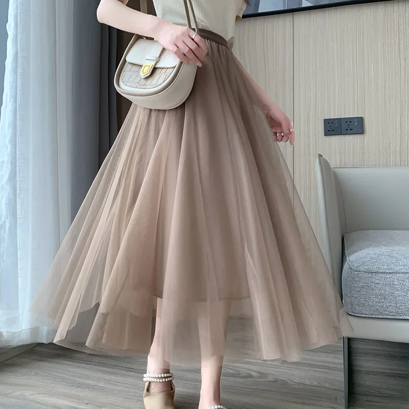 2025 New Spring Summer Vintage Tulle Skirt Fashion Women Elastic High Waist Mesh Skirts Long Pleated Tutu Female Skirt