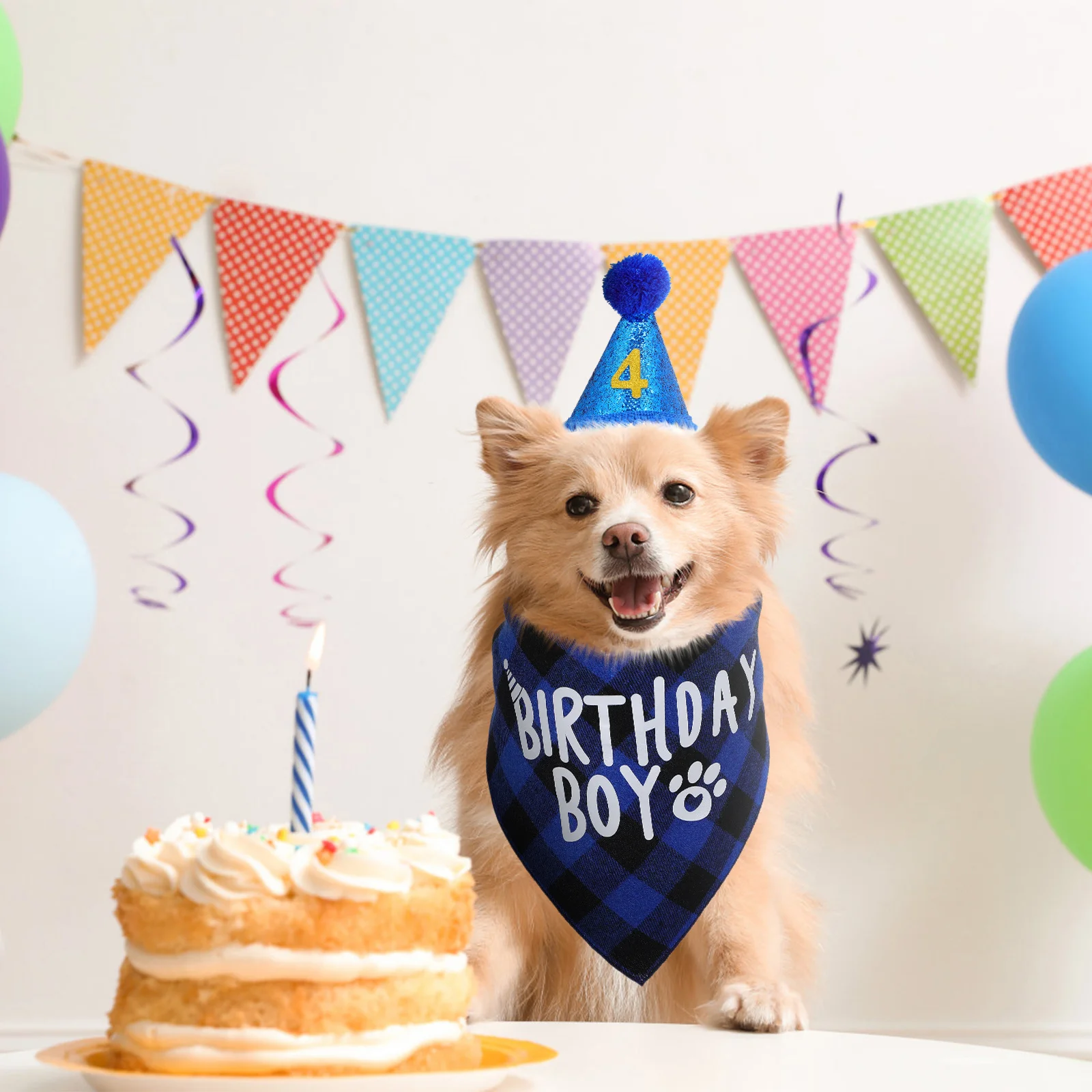 

1 set Dog Birthday Party Supplies Plaid Bandana Sparkling Cone Hat Bib Numbers Small Large Breeds Festive Design Party