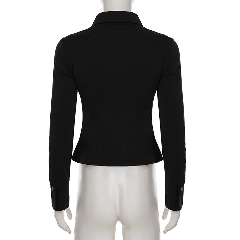 سترة نسائية موديل 2025 ببرشام Y2K باللون الأسود مع جيوب معاطف بأكمام طويلة وتصميم مقصوص ملابس عصرية 90s