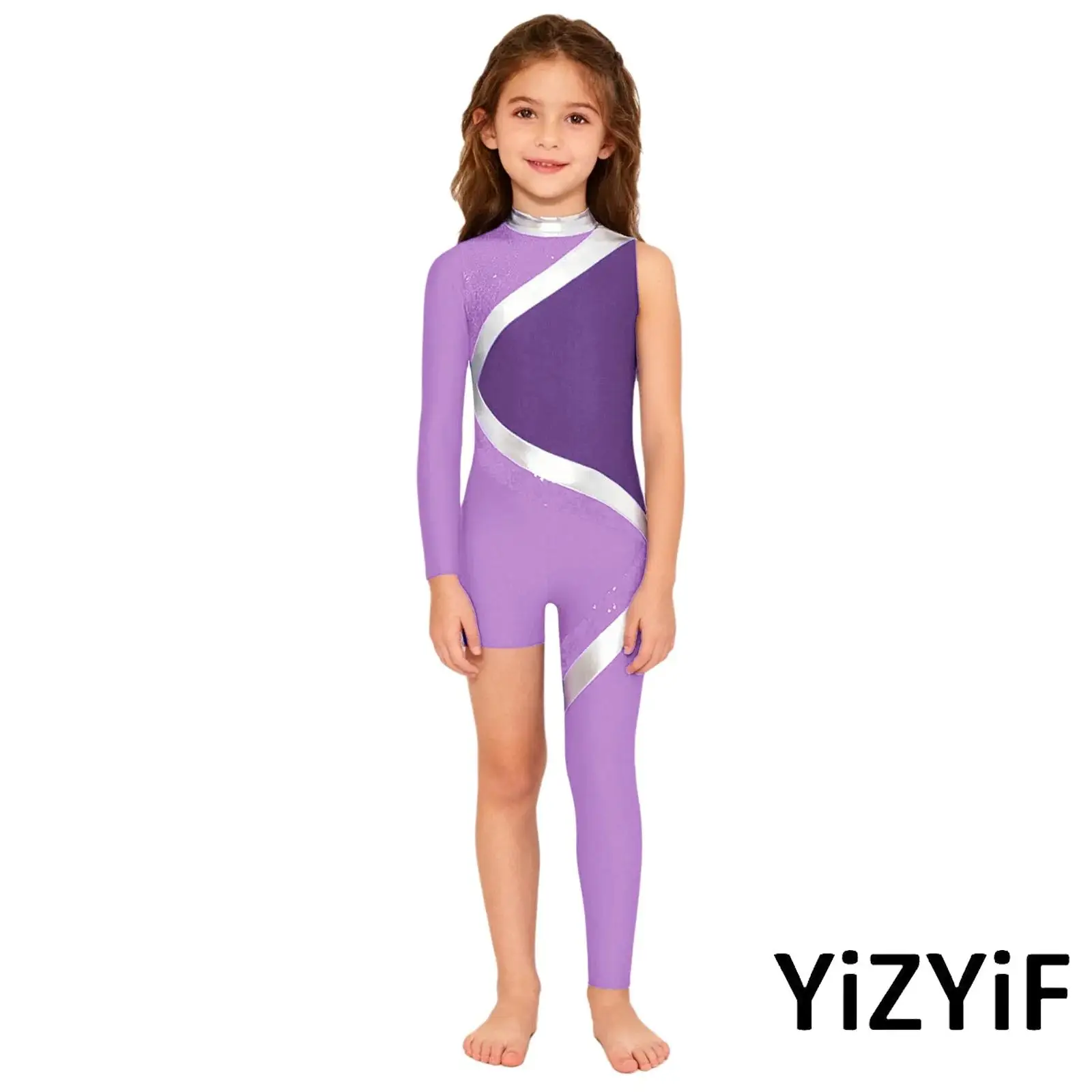 

Kids Girls Ice Skating Jumpsuit Mock Neck Back Invisible Zipper Shiny Sequins Asymmetrical Bodysuit for Gymnastics Ballet Yoga
