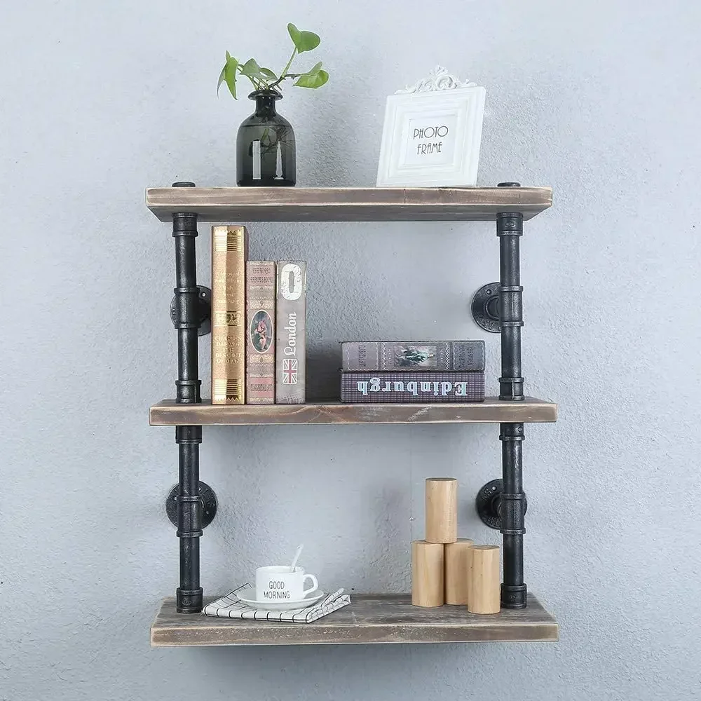 Sell like hot cakes Wall Mounted 3 Tier Rustic Metal Floating Shelves Real Wood Bookshelves Hanging Wall Shelves(24 in)