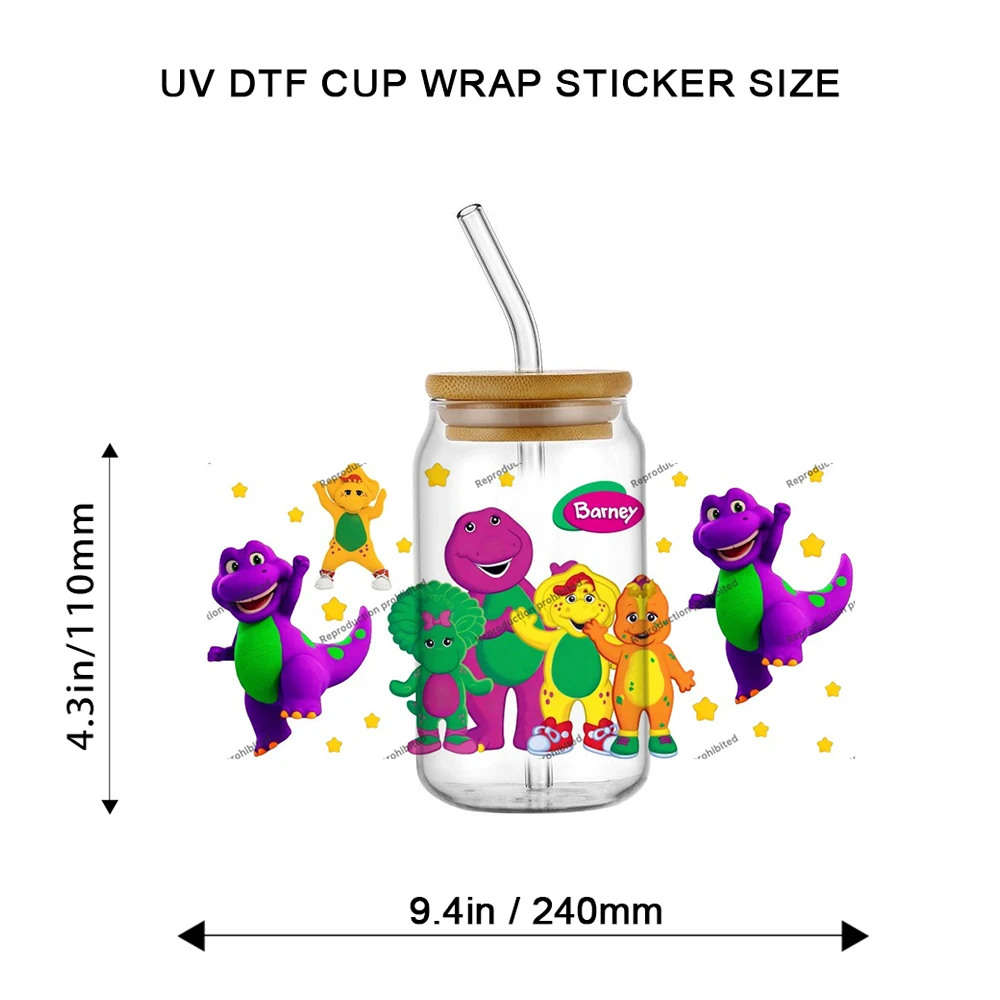 

Purple Dinosaur with Friends UV DTF Cup Wrap Stickers for 16oz Libbey Durable Simple to Apply Glasses Decals for Mugs