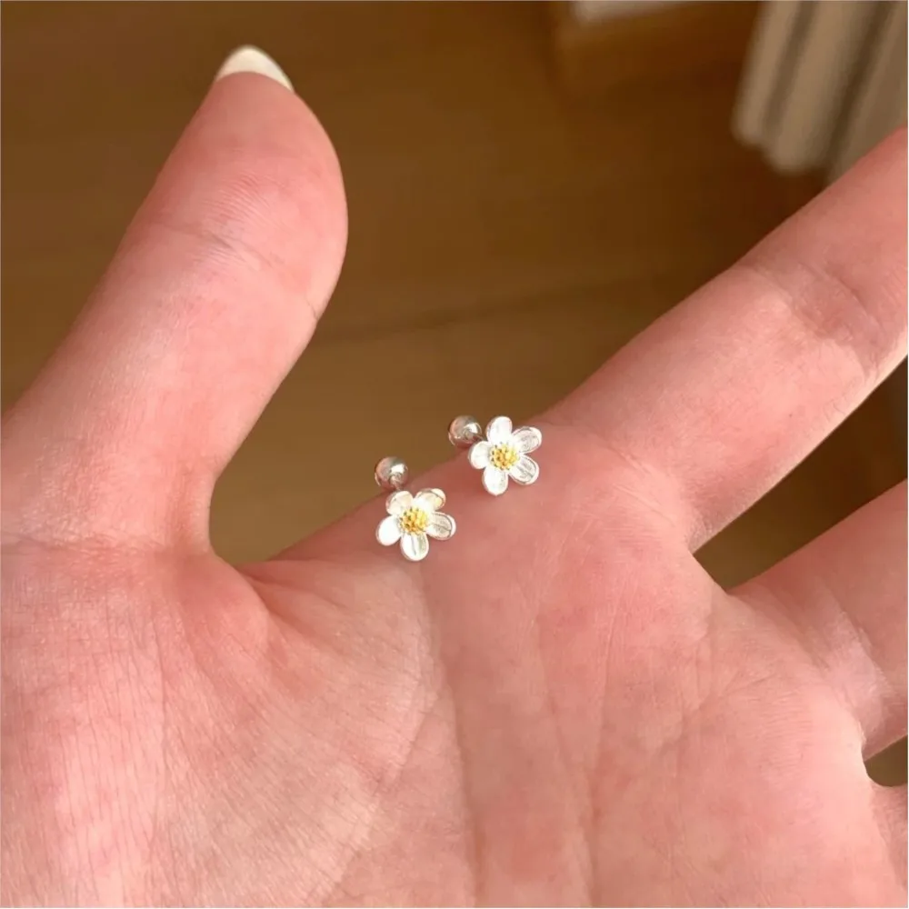 PANJBJ 100% 925 Sterling Silver Flower Texture Earring for Women Extremely Small Romantic Office Fashion Jewelry Gift Dropship
