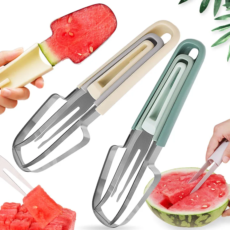 3 in 1 Watermelon Fork Stainless Steel Slicer Cutter Summer Kitchen Gadget Mango Cutting Tool Lightweight Fruit Knife Fork Sets