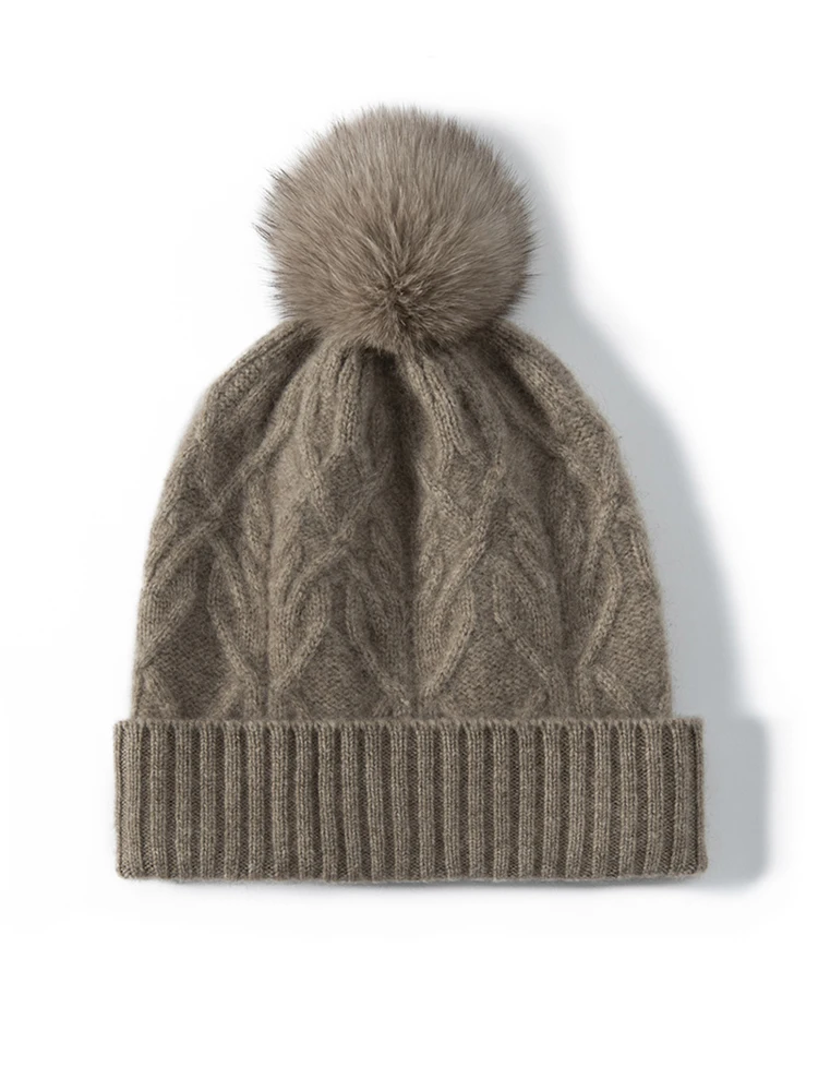 Women Cashmere Hat 100% Cashmere Autumn Winter Cable Knitting Hats Soft Warm Pullover Caps Casual Simple Style Cashmere Hats Top