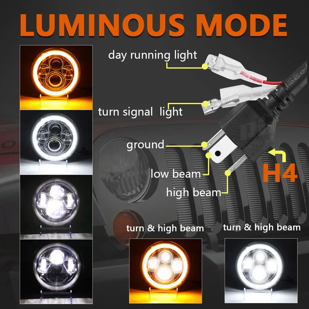 7 بوصة LED المصباح DRL زاوية عيون الطرق الوعرة 4x4 جيب رانجلر JK ل هارلي الجبهة كشافات عالية منخفضة شعاع دراجة نارية مصباح #2