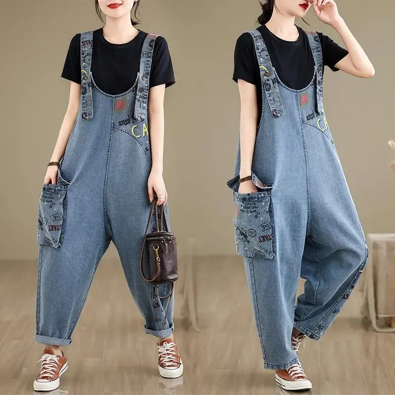 

Summer New Fashion Splice Denim Suspenders Women High Waist Rompers Female Casual Print Cowboy Jumpsuit Loose Harem Jeans W322