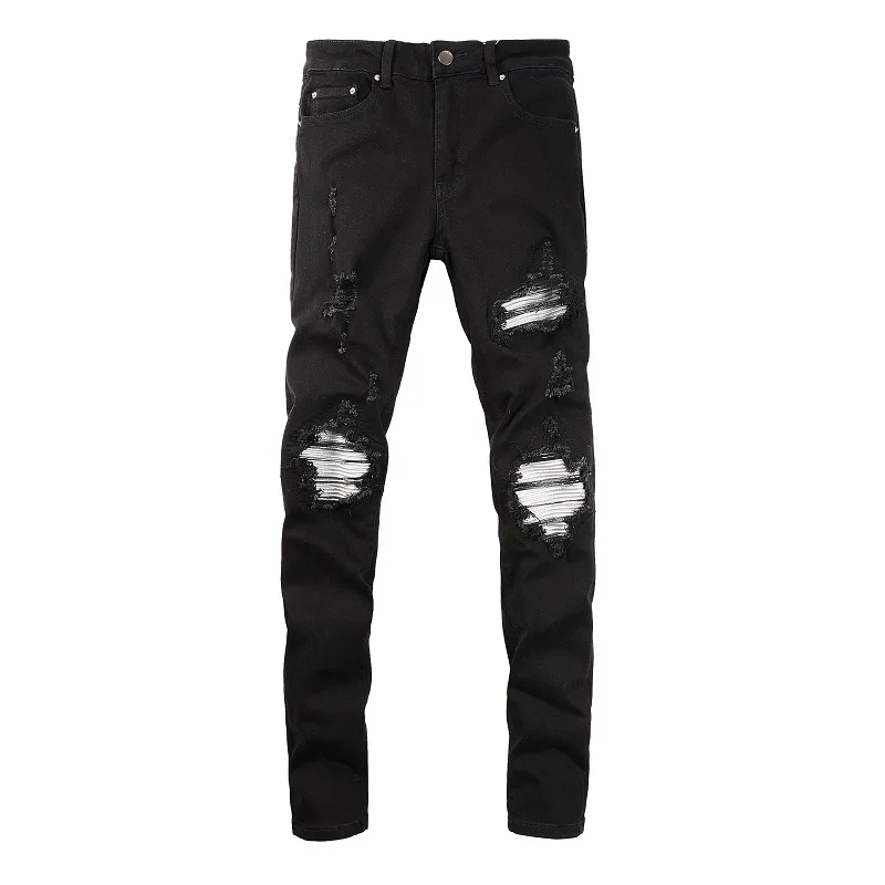 Herren Jeans mit Silber-Leder-Patches, Streetwear, Skinny Tapered Stretch Denim Hose mit Löchern, Ripped Patchwork Schwarze Hose – Detail 14