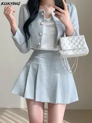 Y2k Autumn Small Fragrant Tweed Two Piece Set Elegant Short Jacket Coat + A-Line Pleated Mini Skirt Korean Female Outfits New