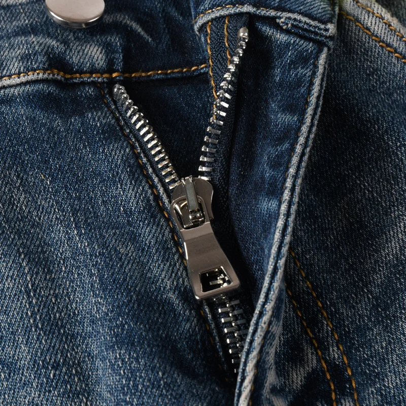 

Fashionable men's jeans stretch slim fit perforated patch jeans designer brand retro light blue pants Hombre