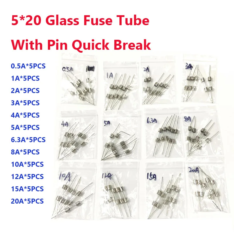 60pcs/lot 5x20 Glass Fuse Tube With Pin Quick Break 5x20 Glass Fuse Tube With Pin Quick Break 0.5A-20A Current 250V Induction