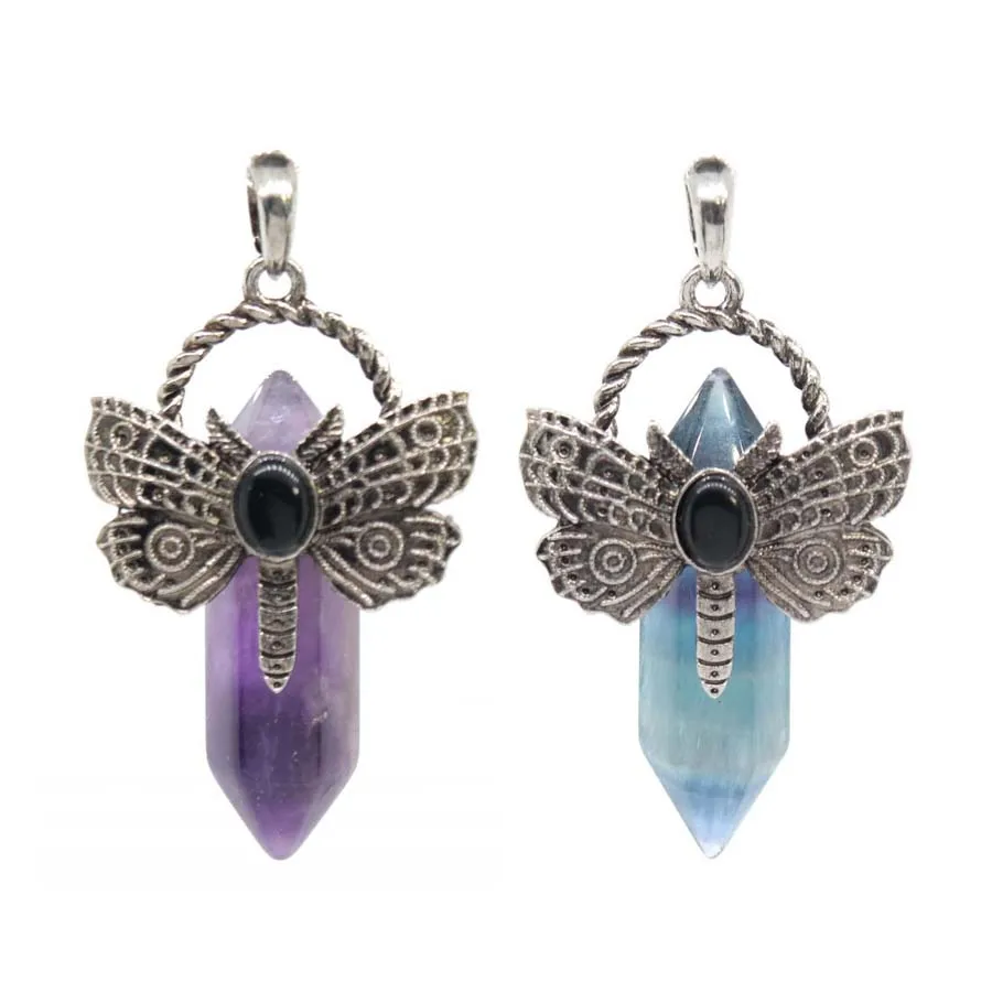 Crystal Hexagon Prism Dragonfly Stone Pendant For Women Necklace DIY Natural Amethyst Quartz Fluorite Pendant Jewelry No Chain