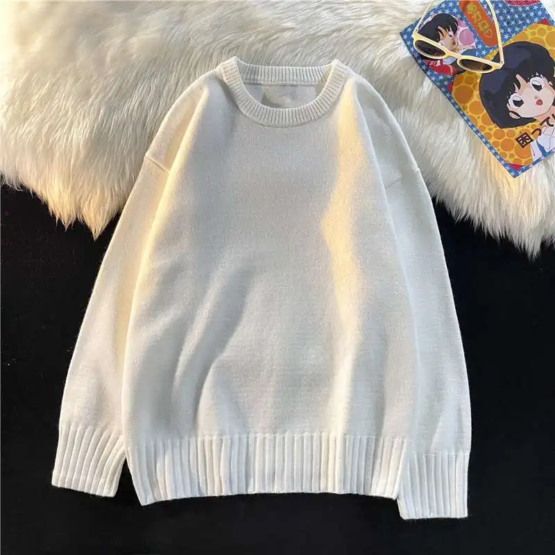 سترة محبوكة برقبة مستديرة للرجال والنساء ، بلون واحد ، أسفل فضفاض ، سترة بغطاء رأس دافئة ، ملابس عصرية كورية ، شتوية