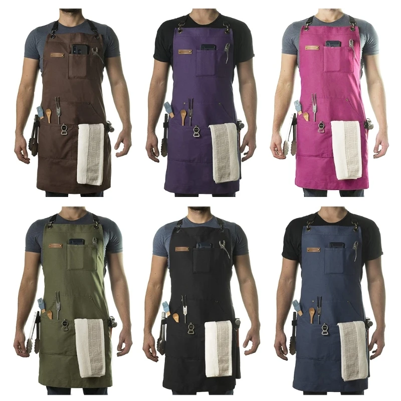 Stenffy Multifunctional Work Apron Durable Canvas, Adjustable Back Straps, Multiple Pockets for BBQ, Cookingor Workshop