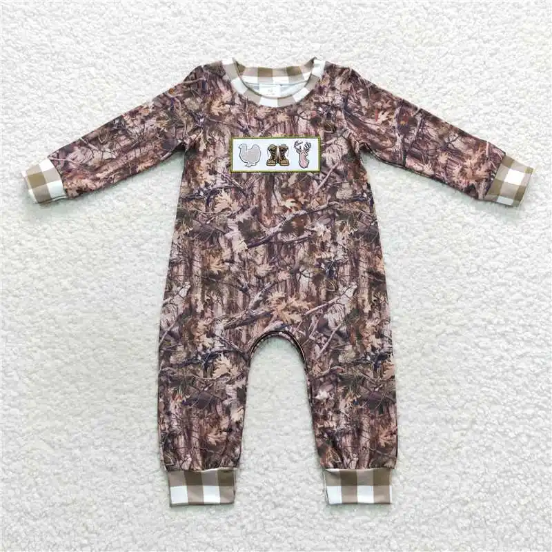 Wholesale Thanksgiving western boutique newborn toddler Baby Boys Embroidered Turkey khaki border checkered short-sleeved onesie