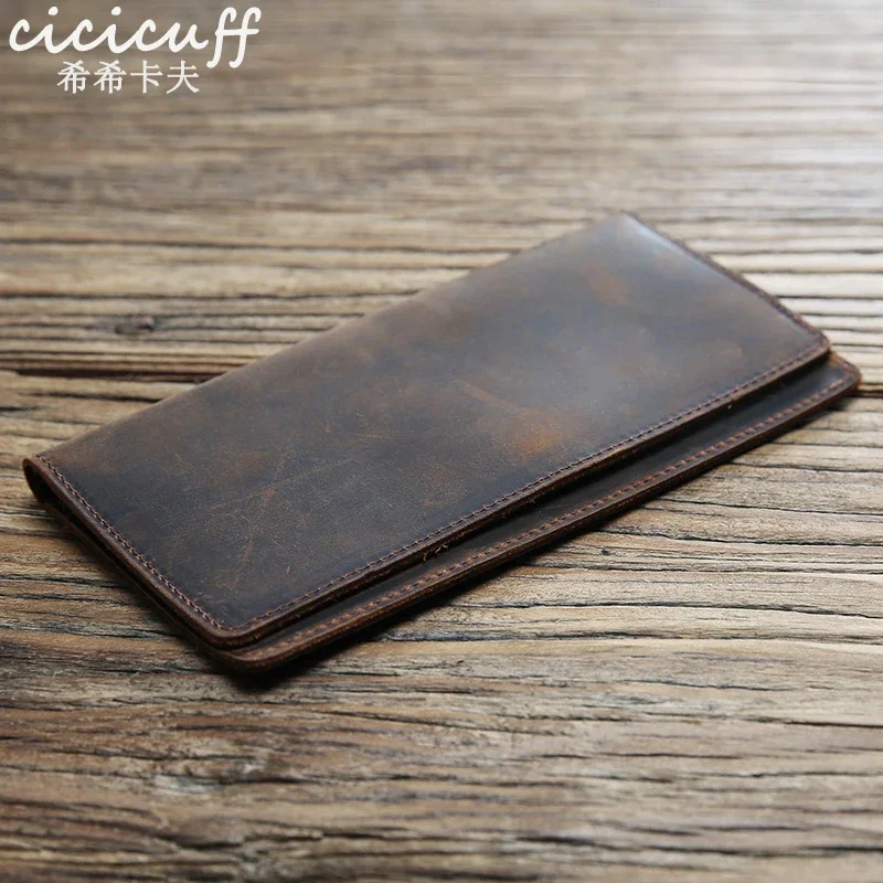 Genuine Leather Men Wallets Crazy Horse Cowhide Male Vintage Handmade Long Slim Thin Wallet Card Holder Billfold Purse Carteira