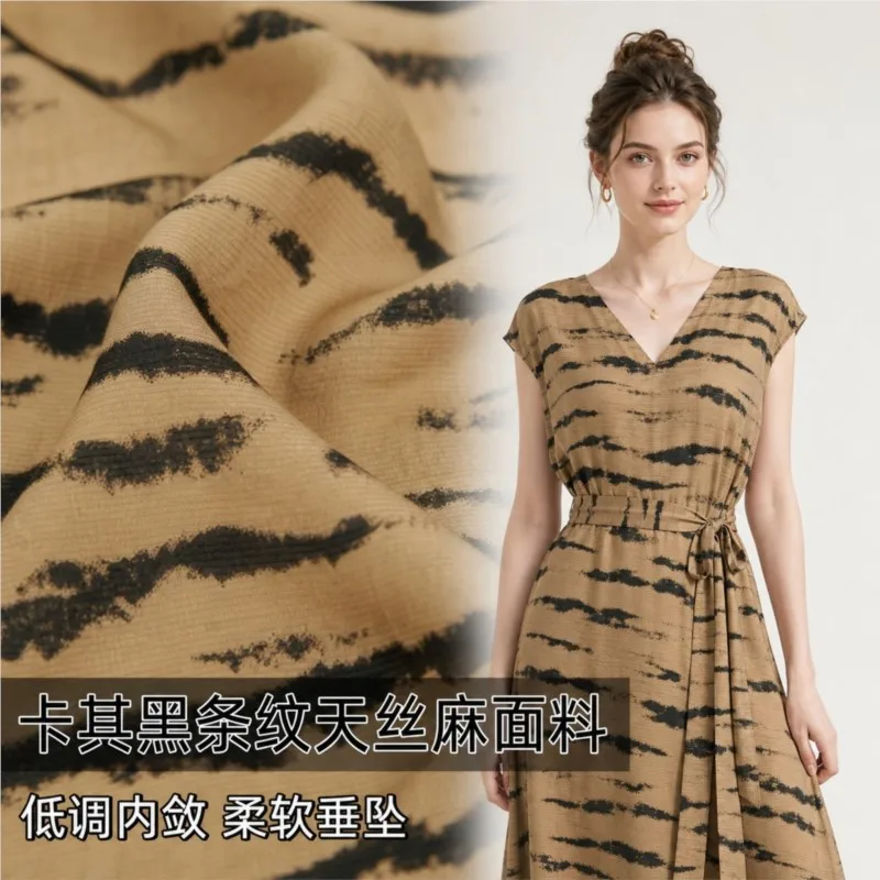 Pendant khaki black vertical striped pleated linen fabric shirt dress cheongsam pants