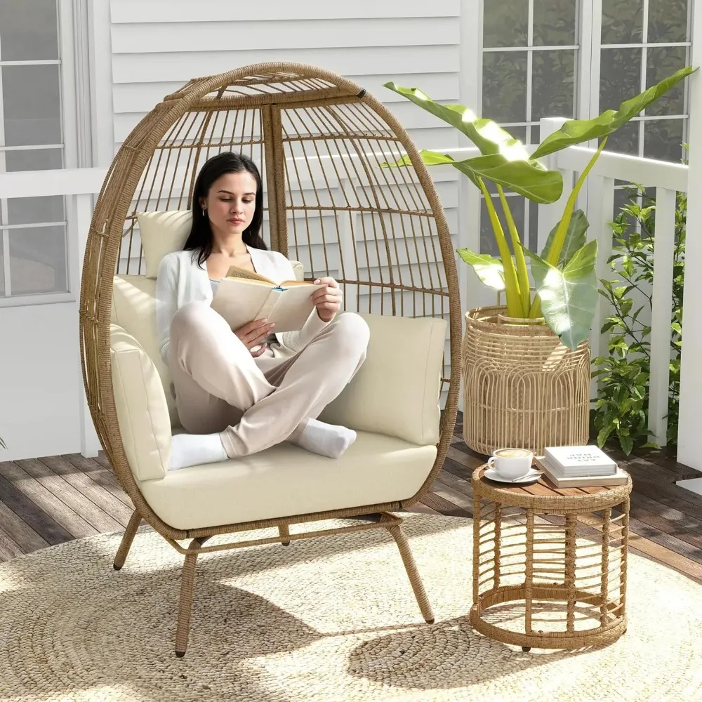 Outdoor Egg Chair with Ottoman/Table, Wicker Egg Shaped Chair for Indoor, 626lbs Capacity Oversized Basket 2 Piece with Cushions