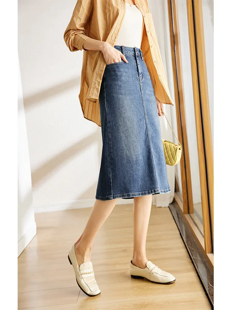 Vimly Korean Style Split Denim Skirts for Women Office Lady 2023 Spring Summer Vintage Classic Straight Midi Jean Skirts 70707