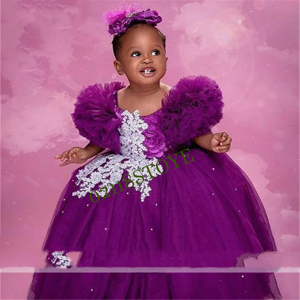 PurpleTulle vestido hasta la rodilla para niña, vestidos de princesa para niña de flores, vestido lindo para niña, vestidos de fiesta de cumpleaños