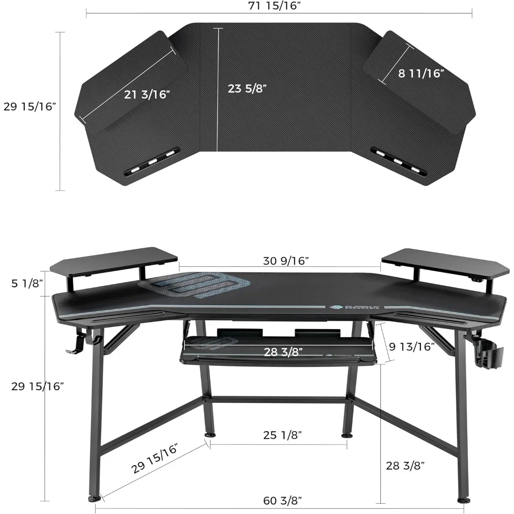 Gaming Desk with Led Lights, Keyboard Tray Monitor Stand Dual Headphone Hanger Cup Holder, Safe and Reliable, Computer Desk, 72