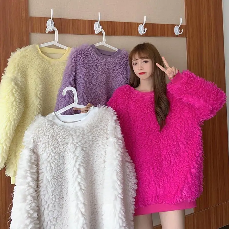 Korejepo Super Fire Imitation Lamb Wool Crew Neck Sweater Women Top Autumn Winter 2024 New Korean Loose Medium and Long Coat