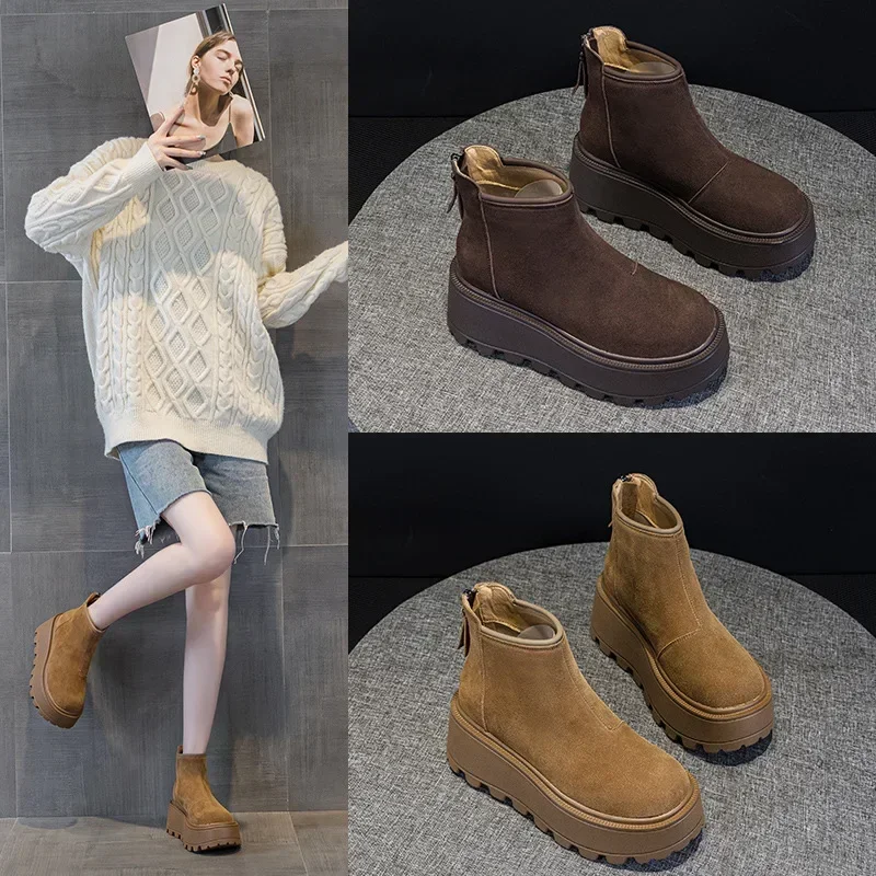 Height Increasing Women's Platform Shoes Snow Boots Winter Plush Thick Short brown Boots Leather Warm Flat Bottom and Anti Slip