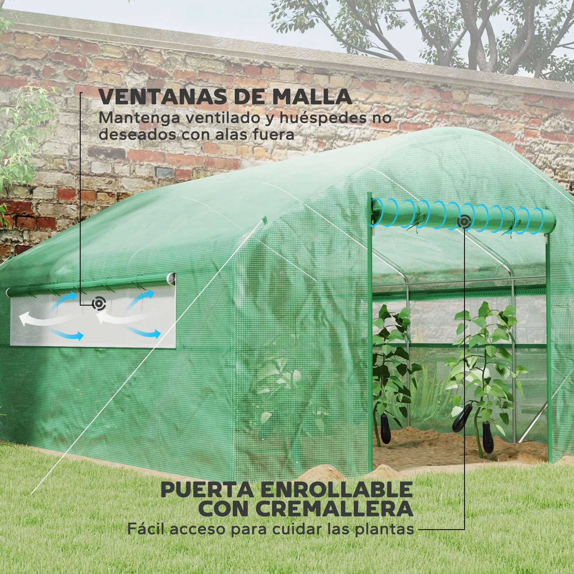 Serre de jardin 3,95x3x2m avec fenêtre à roulettes, couverture en PE, structure en acier galvanisé anti-UV