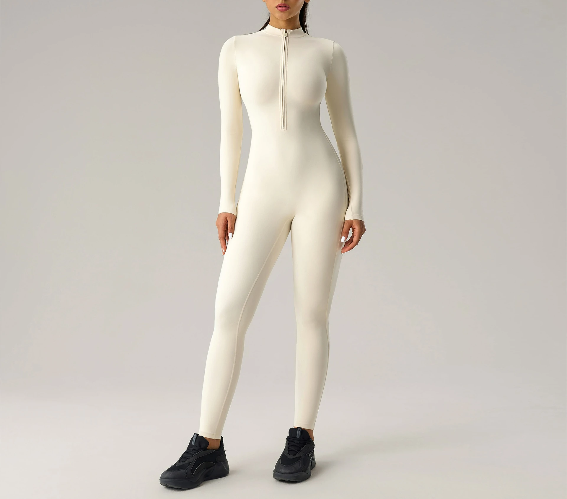 Women's Half Zip Long Sleeve Yoga Jumpsuit, Butt Lifting Seamless Sports Bodysuit, Fitness Workout One Piece Gym Romper