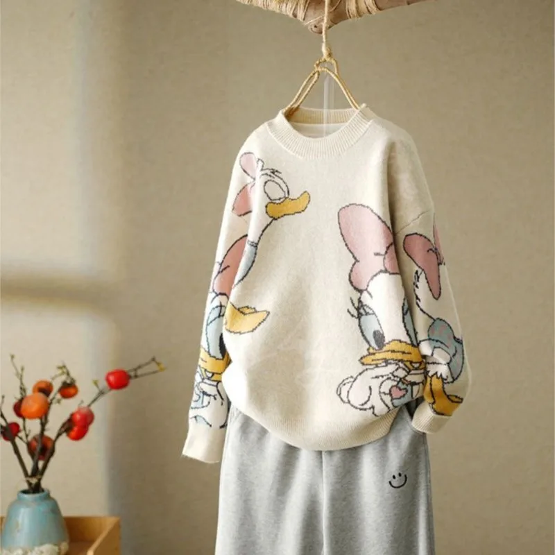 Disney Duck Long Sleeve Autumn Winter Cardigan Jumper Top Turtleneck Pullovers Casual Sweaters Women  Loose Sweater Girl