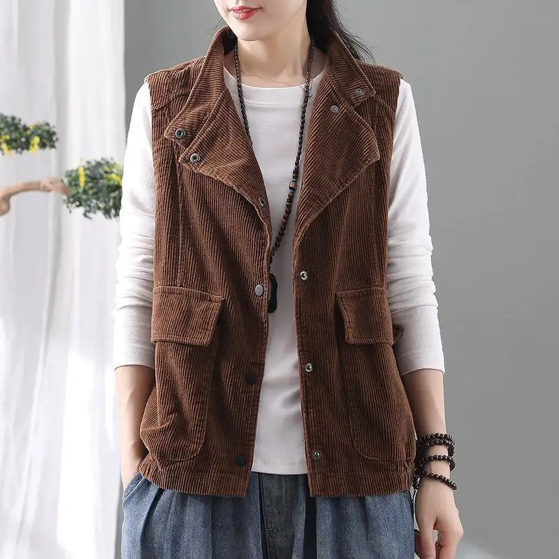 Retro Stand Collar Corduroy Vest Autumn Winter New Women's Solid Color Pockets Sleeveless Covered Button Versatile Cardigan Tops