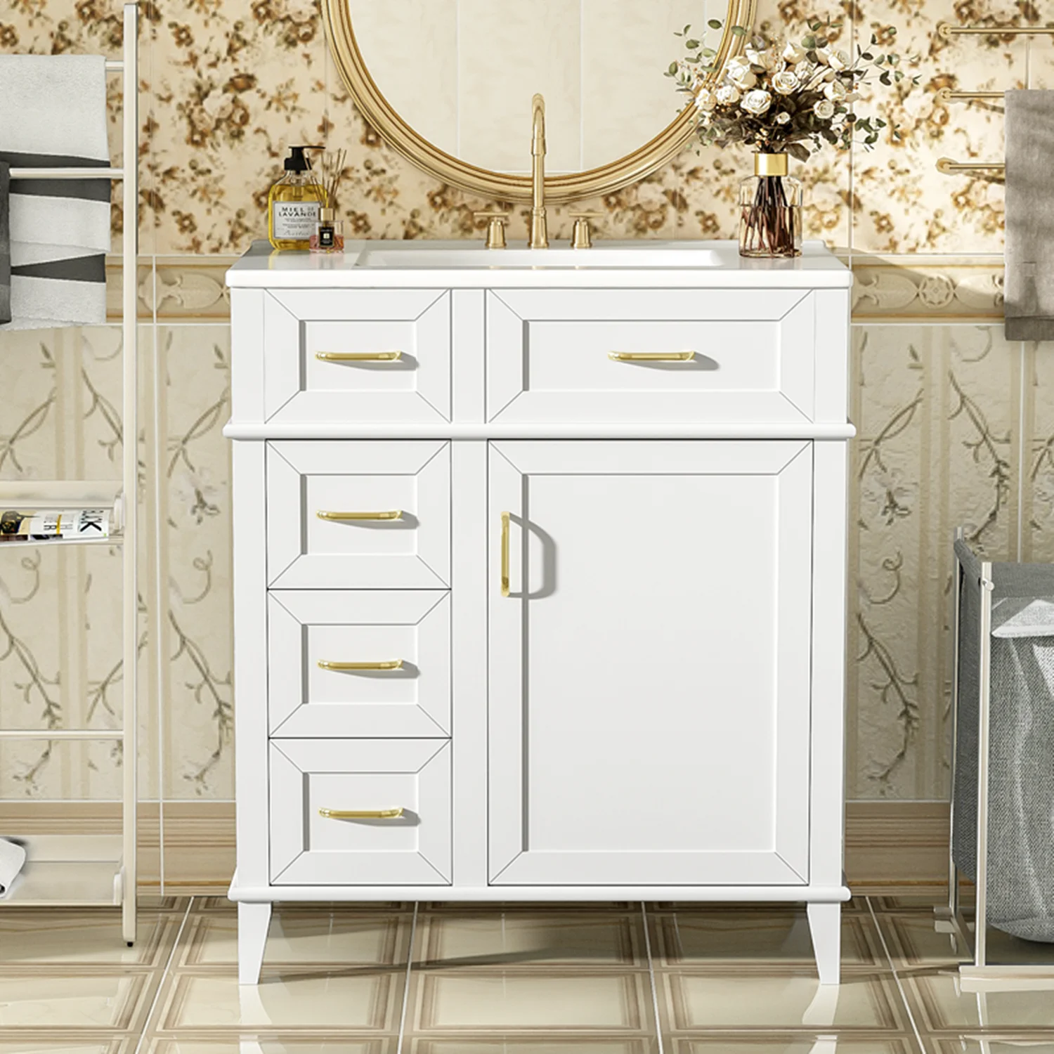 30-Inch Bathroom Vanity with Ceramic Sink, Adjustable Shelf, Soft Close Door, and Three Soft Close Drawers