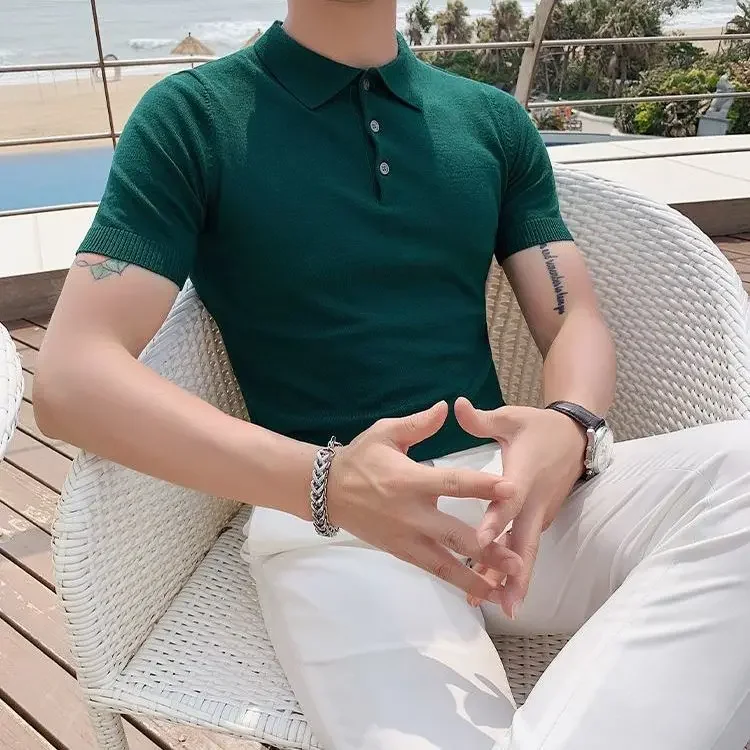 

Рубашка ПОЛО 2025, трикотажная футболка с короткими рукавами для мужчин, новая летняя индивидуальная однотонная простая трендовая футболка с лацканами с половиной рукавов