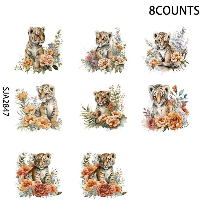 

8pcs Tiger in Flowers Watercolor UV DTF Stickers, Waterproof Sticker Pack For Decorating Mugs, DIY Art Supplies，Home decoration