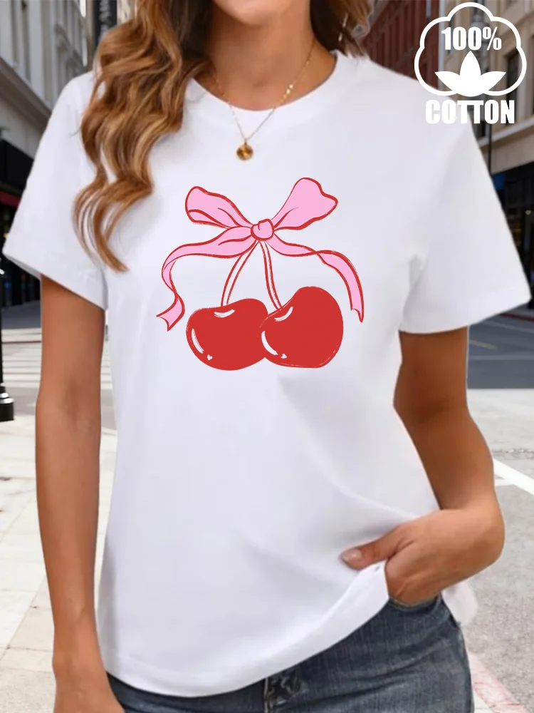 เชอร์รี่โบว์เสื้อยืดกราฟิกผ้าฝ้าย 100% สำหรับผู้หญิงคอกลมตลกเสื้อยืด Y2K เสื้อยืดลำลองสวมใส่ทุกวันในฤดูร้อน