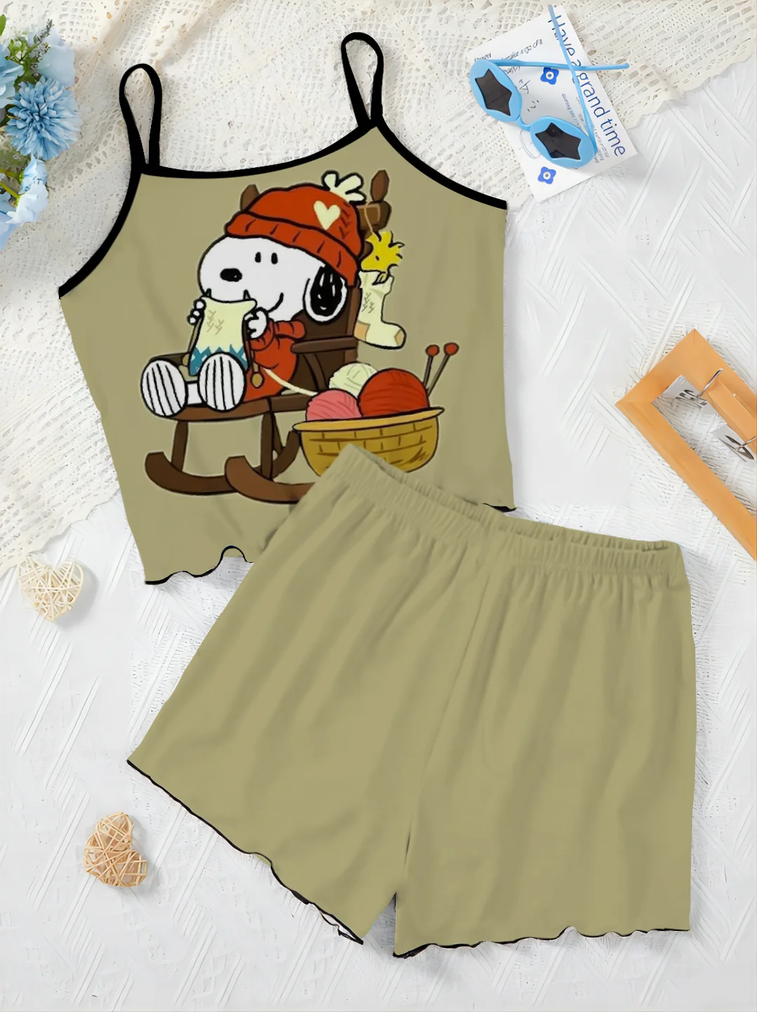 Kurze Sets für Frauen 2 Stück Damen anzug Pyjama Rock Salat besatz Snoopy Top T-Shirt Slip Kleid elegante Hose Set Frau Chic