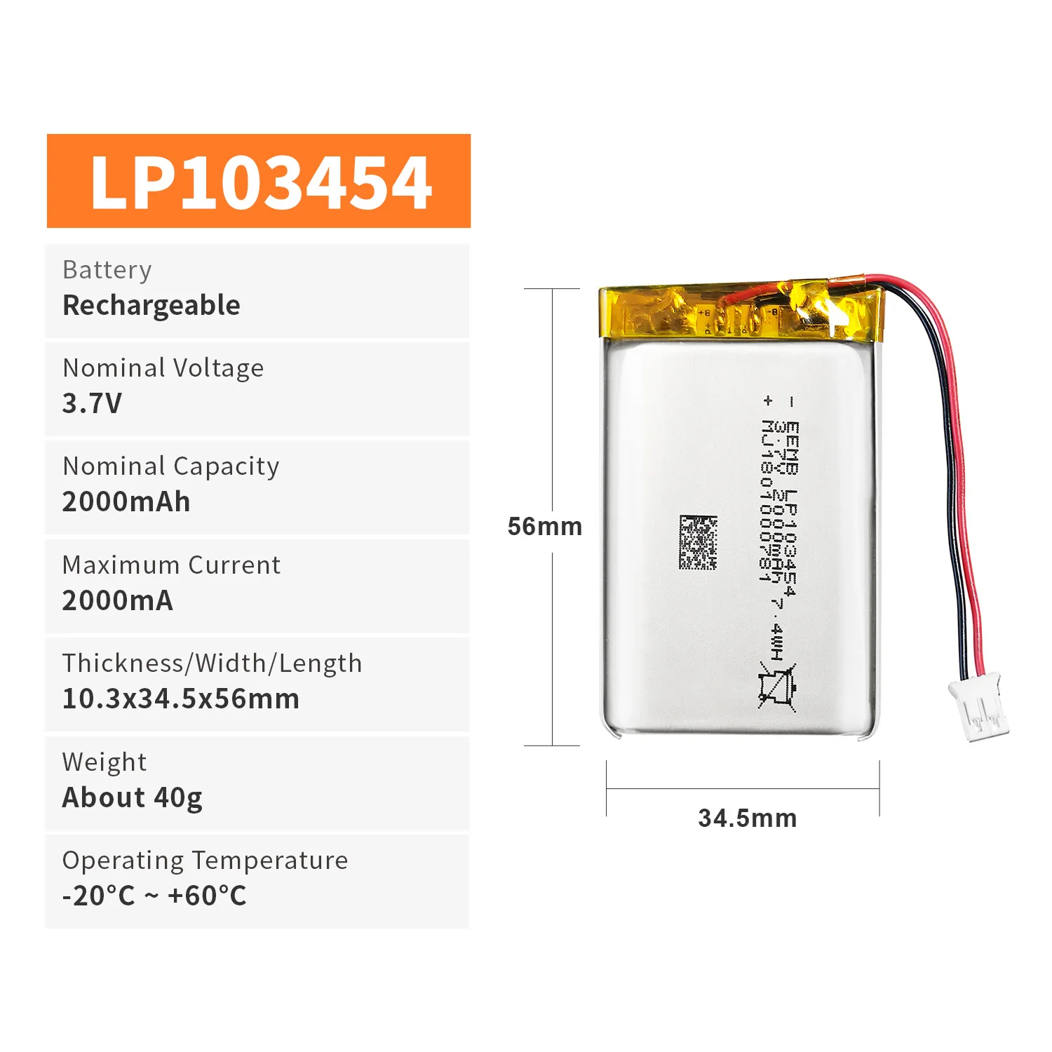 EEMB 1~10szt Bateria litowo-polimerowa 3,7V 2000mAh 103454   Літій-іонна полімерна акумуляторна батарея з дротяним роз\'ємом JST-phr