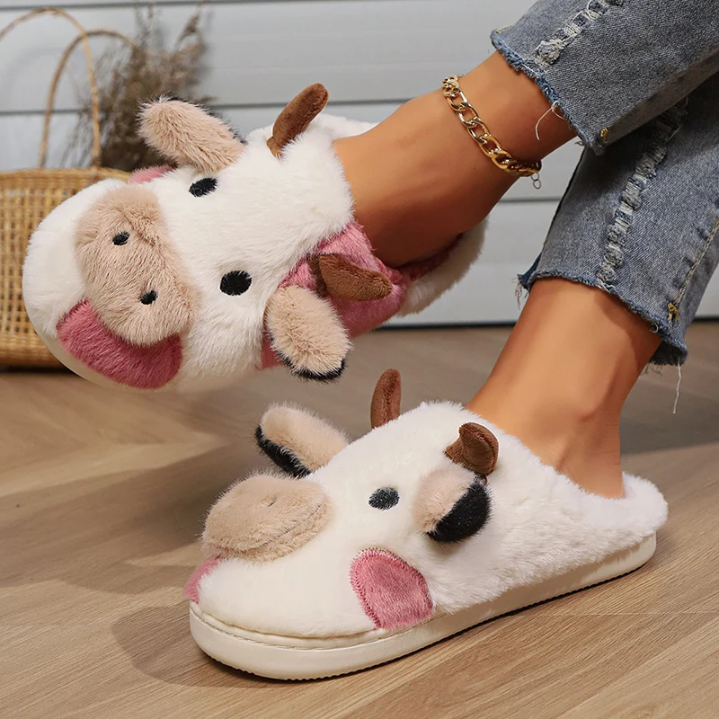 Womens Cute Cartoon Calf Plush Slippers Large Size 44-45 Comfort Lightweight Close Toe Ladies Slippers Indoor Home Warm Slides