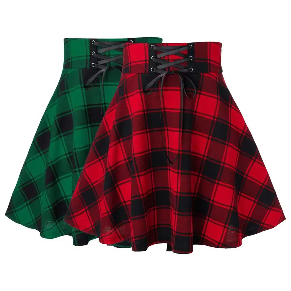 

Elastic Waist Plaid Skirt Trendy Women's Plaid Print Mini Skirt Collection Elastic High Waist Skater for Spring for Clubwear