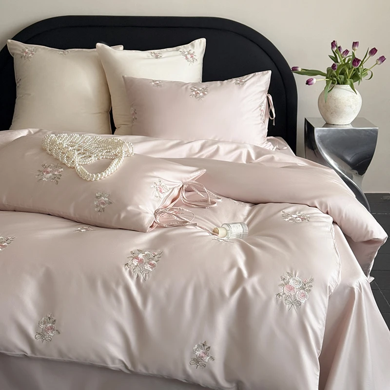 

Комплект постельного белья с розовыми цветами и вышивкой, египетский хлопок, одинарный пододеяльник королевского размера, плоская/простыня, наволочки, 3/4 шт.