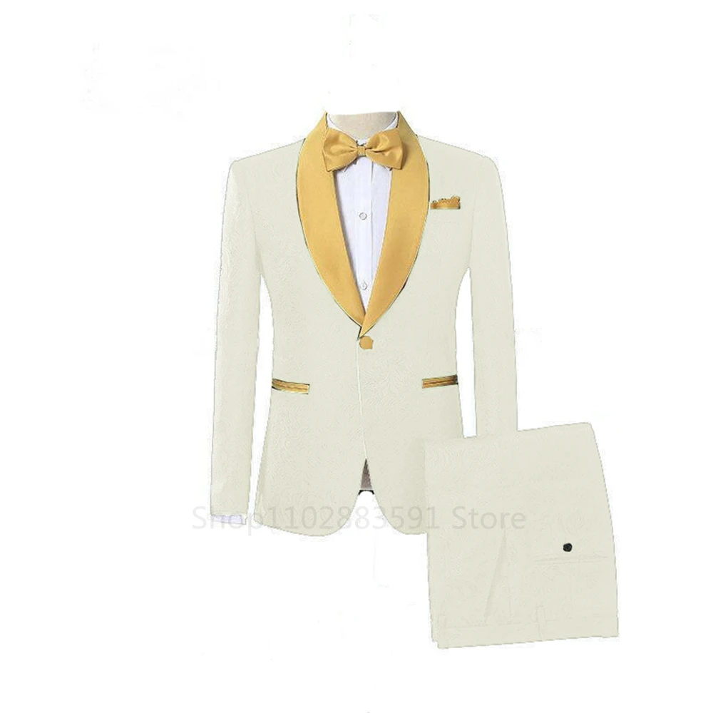 2024 Custom Made Jacquard Groomsmen Ivory Groom Tuxedos White Shawl Lapel Men Wedding Suits Prom Party Best Man Blazer Pants Set