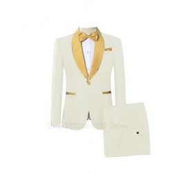 2024 Custom Made Jacquard Groomsmen Ivory Groom Tuxedos White Shawl Lapel Men Wedding Suits Prom Party Best Man Blazer Pants Set