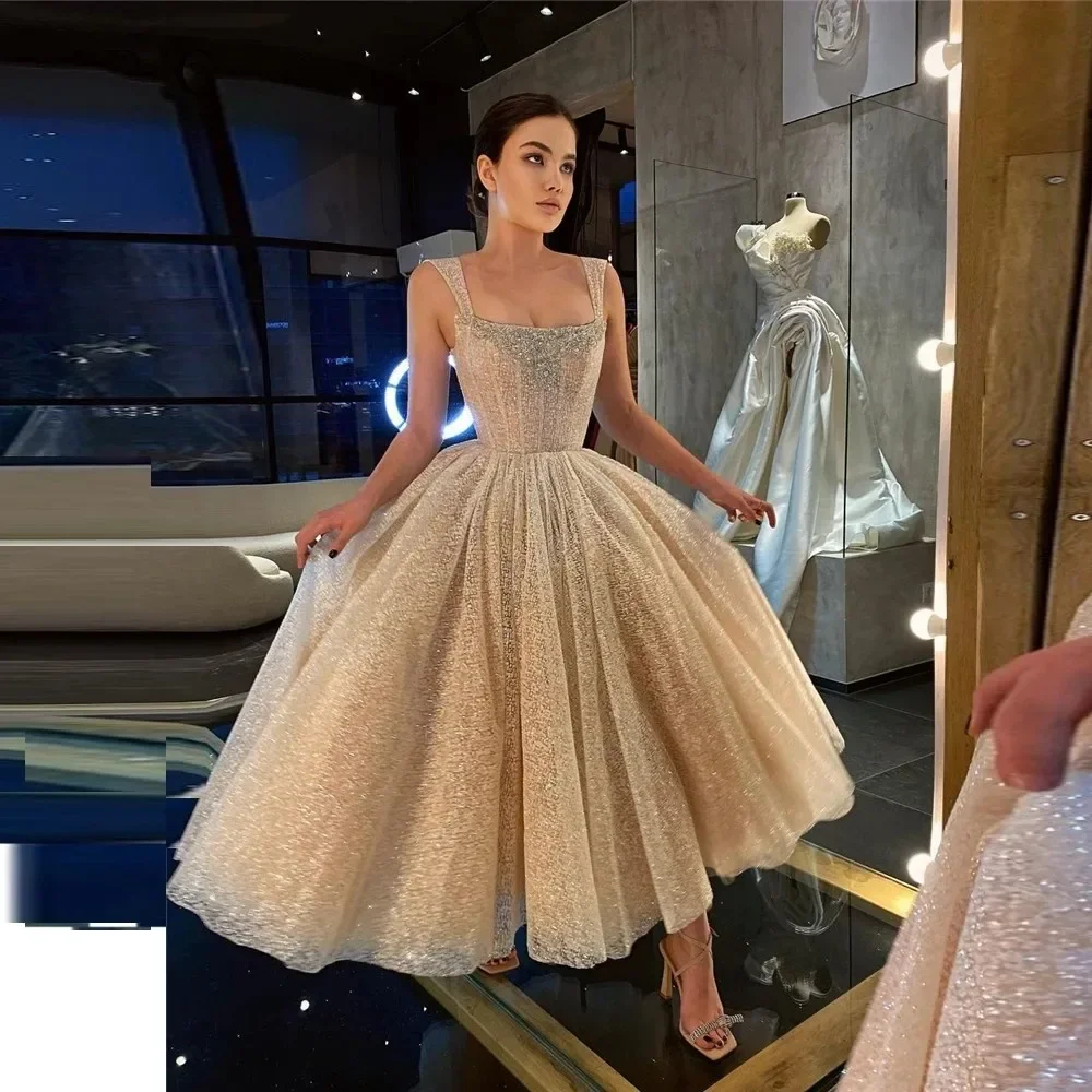 Abiti da ballo Champagne con spalle scoperte Robe De Soiree Glitter Tulle perline abiti da sera da spettacolo di lunghezza del tè