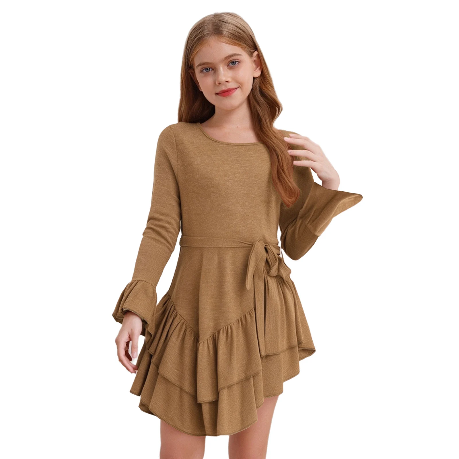 

Girls Cowgirl Role Play Costume for Halloween Party Cosplay Round Neck Long Sleeve Ruffle Irregular Hem Midi Dress with Belt Set