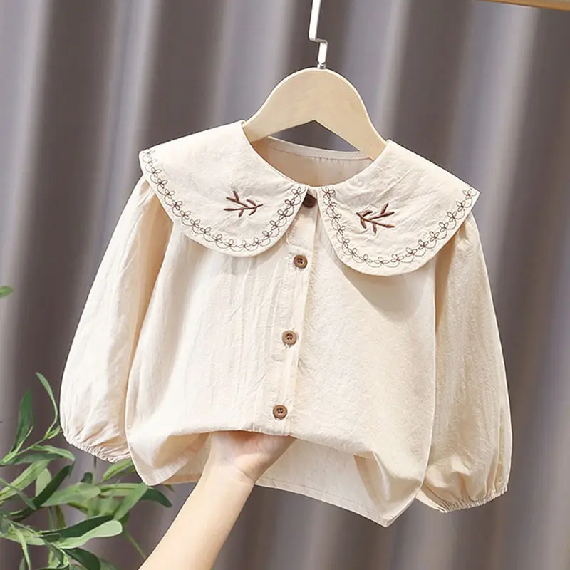 Spring Autumn Girls\' New Collar Cotton Long Sleeved White Shirt Korean Girls\' Children\'s Top