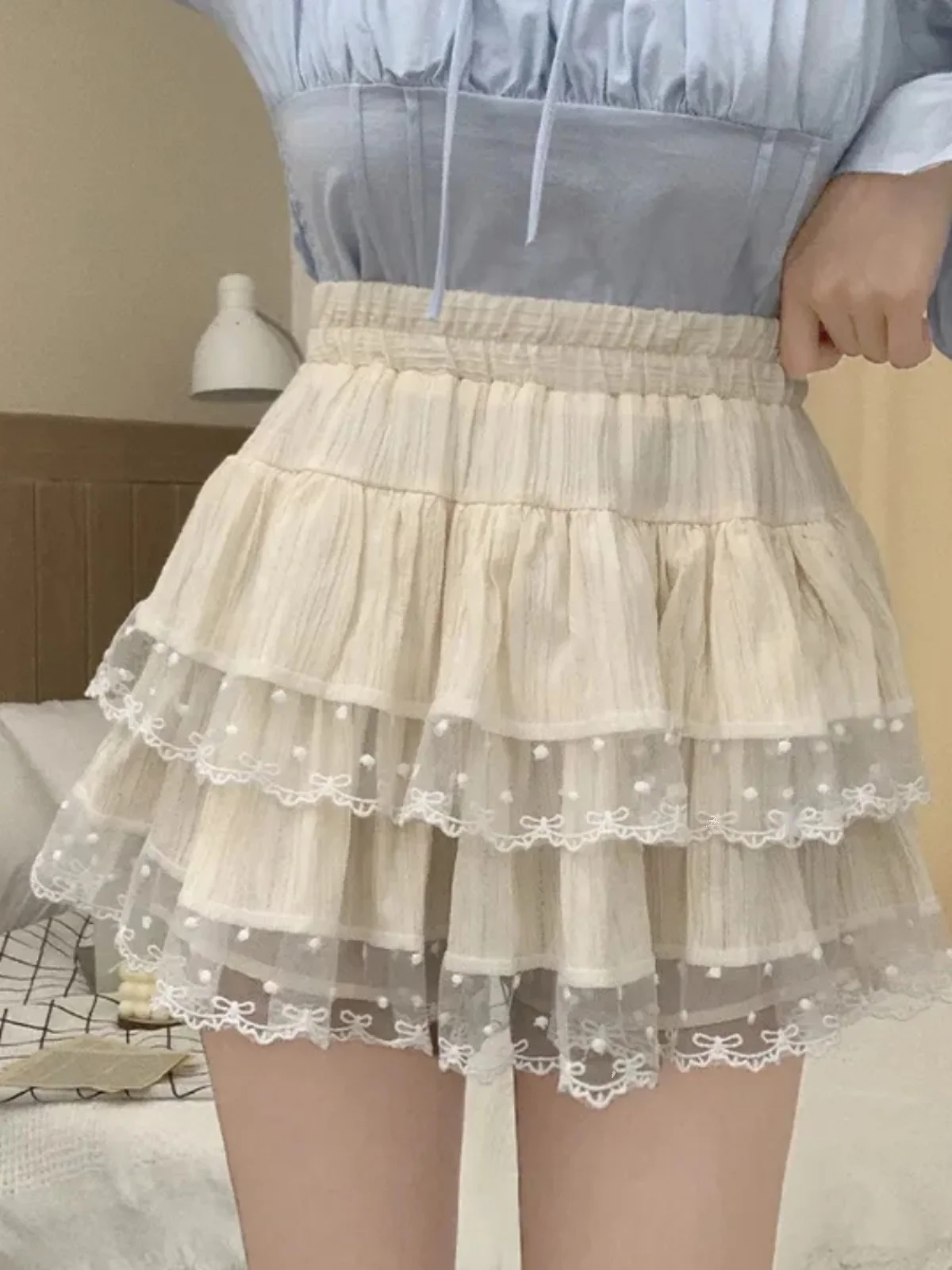 falda de Cintura Alta con Encaje Estilo Coreano, Falda Nea para Mujer, Falda Tipo Pastel, Falda Corta Anti-Transparenci...