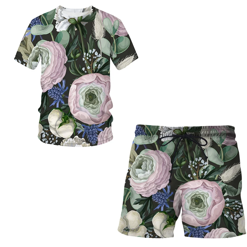 

Новинка 2022 футболка и шорты из двух предметов футболка с 3D принтом цветов и растений повседневный костюм модный спортивный костюм мужские комплекты уличная одежда