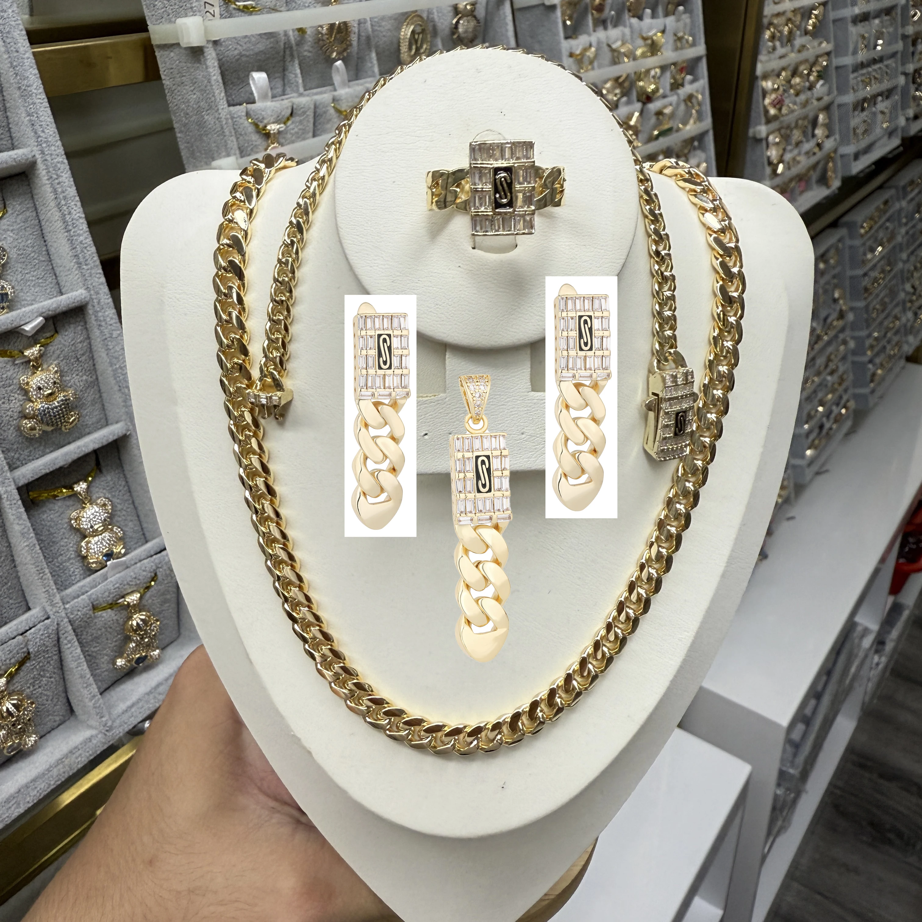 Fashion Jewelry Monaco Chain 6Mm/8Mm/10Mm Cuban Bracelet and Necklace 14K Gold Plated Ladies Anniversary Gift Set