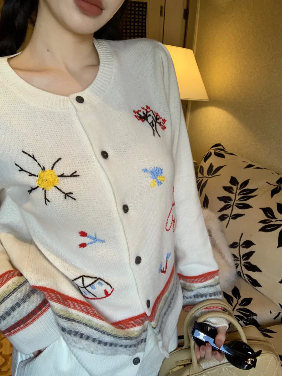 Autumn Winter Stylish Sweater Women Cardigan Tops Cartoon Embroidered Long Sleeve Knitwear Korean Fashion Elegant Ladies Jumpers