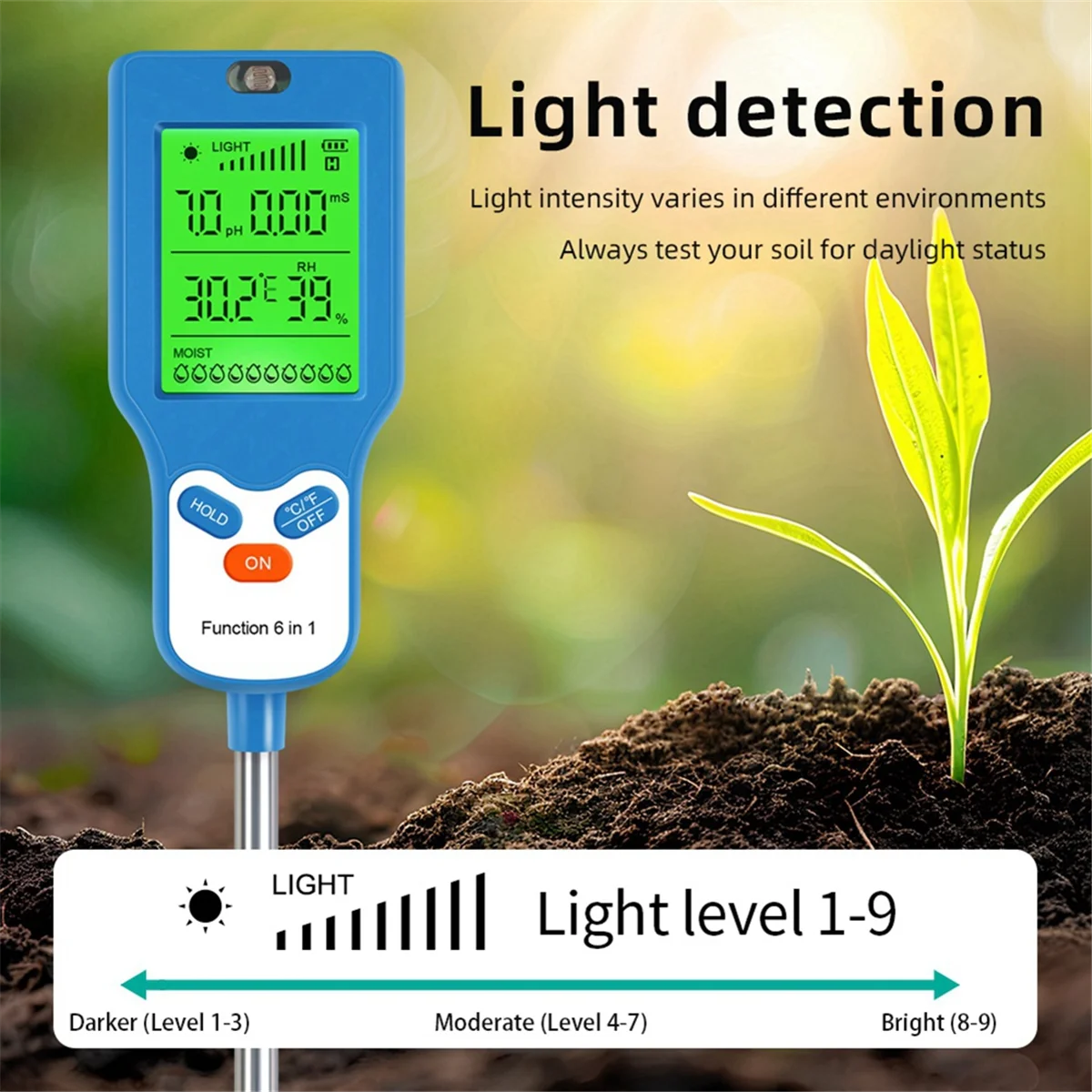 A03R 6-in-1 Soil Tester Multi-Function Digital Soil PH Meter Large Screen Digital Display Test Value PH Meter